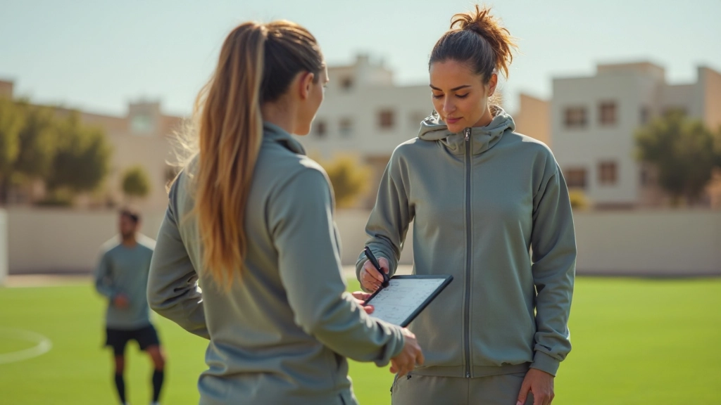Athletic trainer measuring player performance metrics during endurance conditioning workout