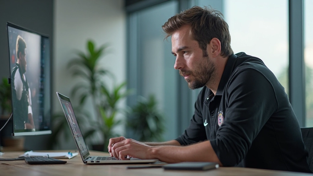 Coach reviewing video analysis of player performance on computer screen during training session