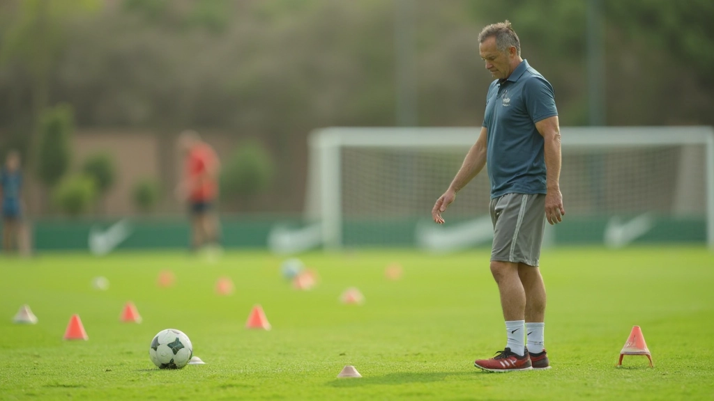 Professional soccer coach demonstrating tactical positioning during training session
