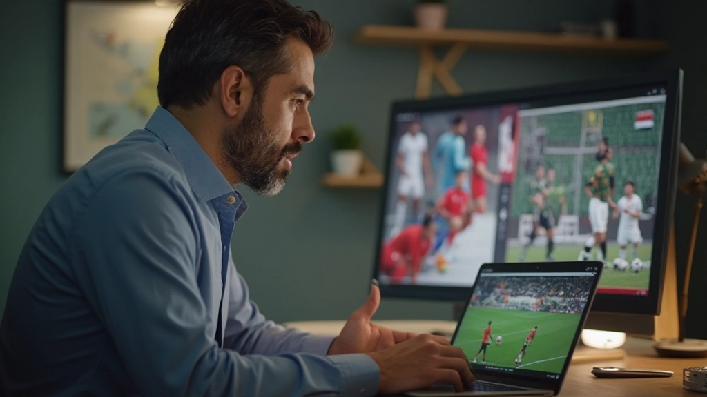 Soccer coach analyzing video footage of match performance on laptop screen