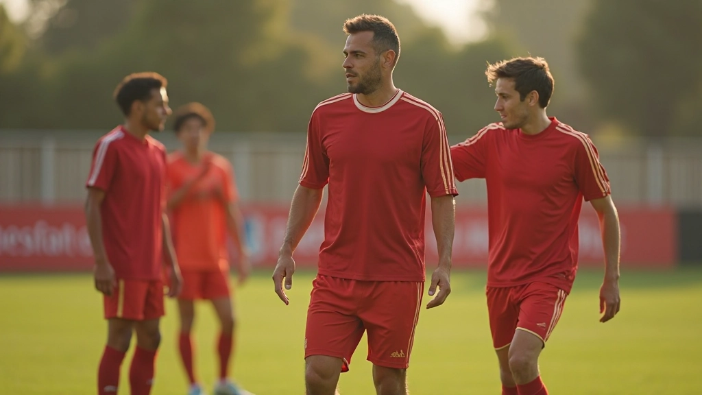 Professional football coach analyzing tactical positioning with players on training pitch during session