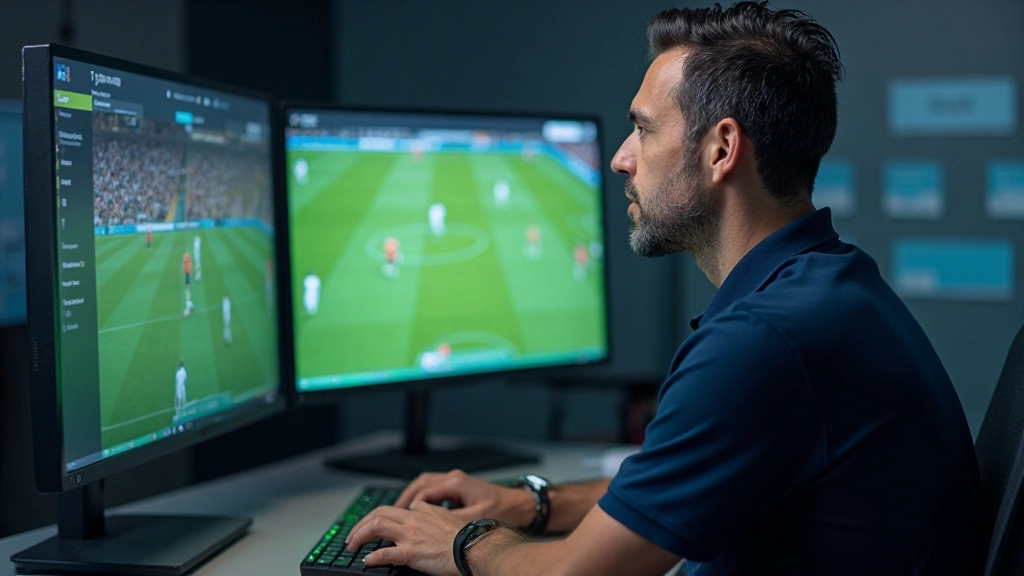 Professional football coach reviewing match footage on multiple screens in tactical analysis room