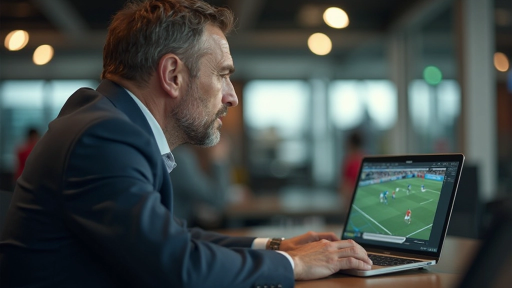 Soccer coach analyzing video footage of match performance on laptop screen