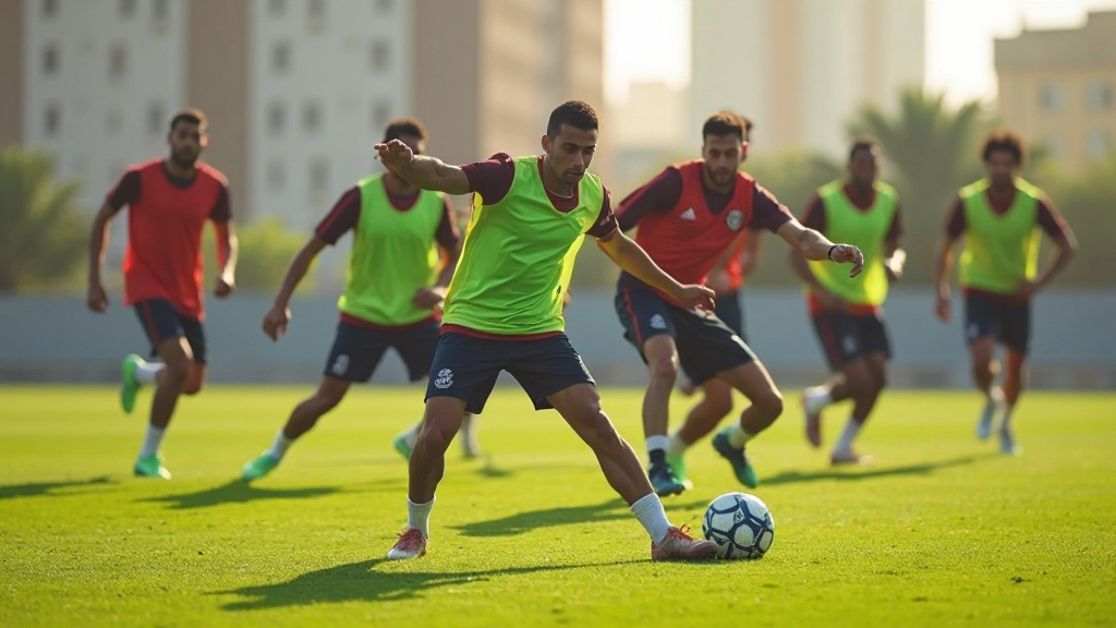 Professional football team training session with multiple players practicing organized drills on field