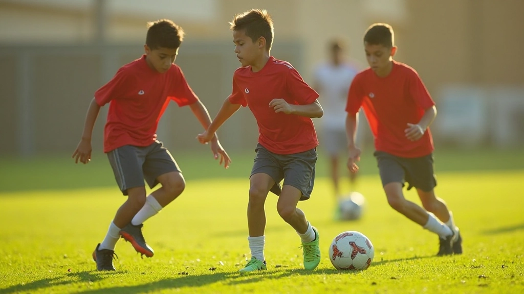Youth football players in training during skill development coaching session