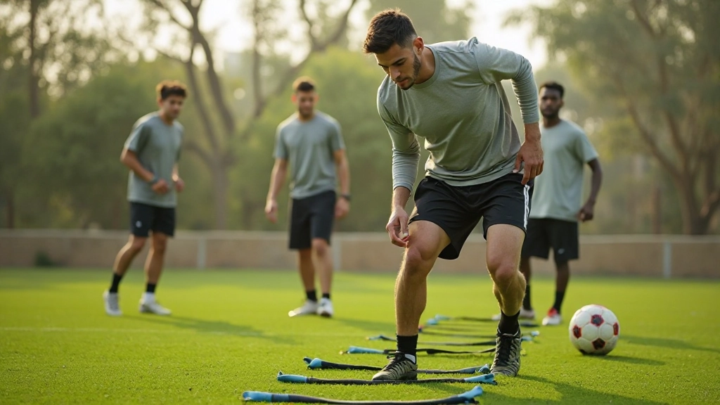 Young soccer players performing warm-up exercises and agility drills at training ground