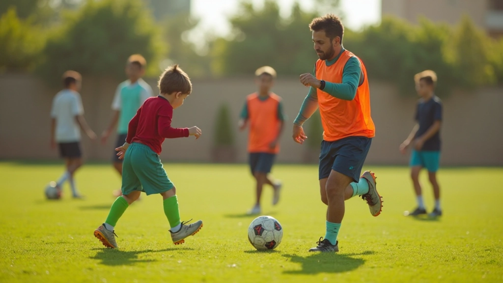 Young soccer players practicing fundamental ball control techniques on training field with coach supervision